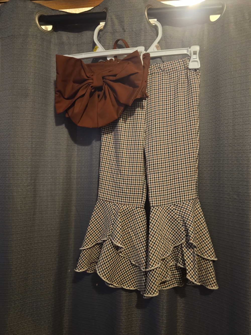 4PatPat Brown Gingham Ruffle Flare Pants Set with Cropped Bow Accent Top